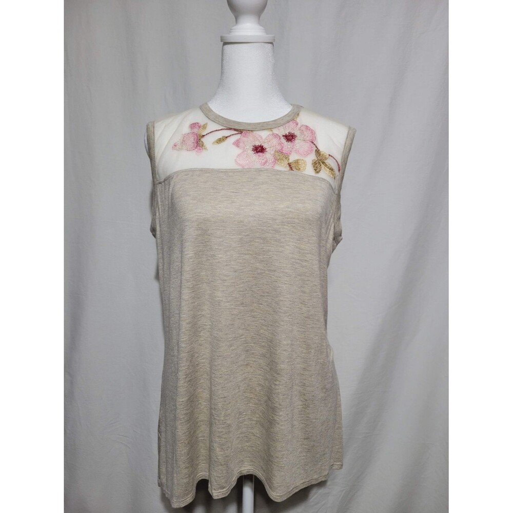 Kim & Cami Floral Embroidered Mesh Tank Top Womens Large Oatmeal Excellent A1268